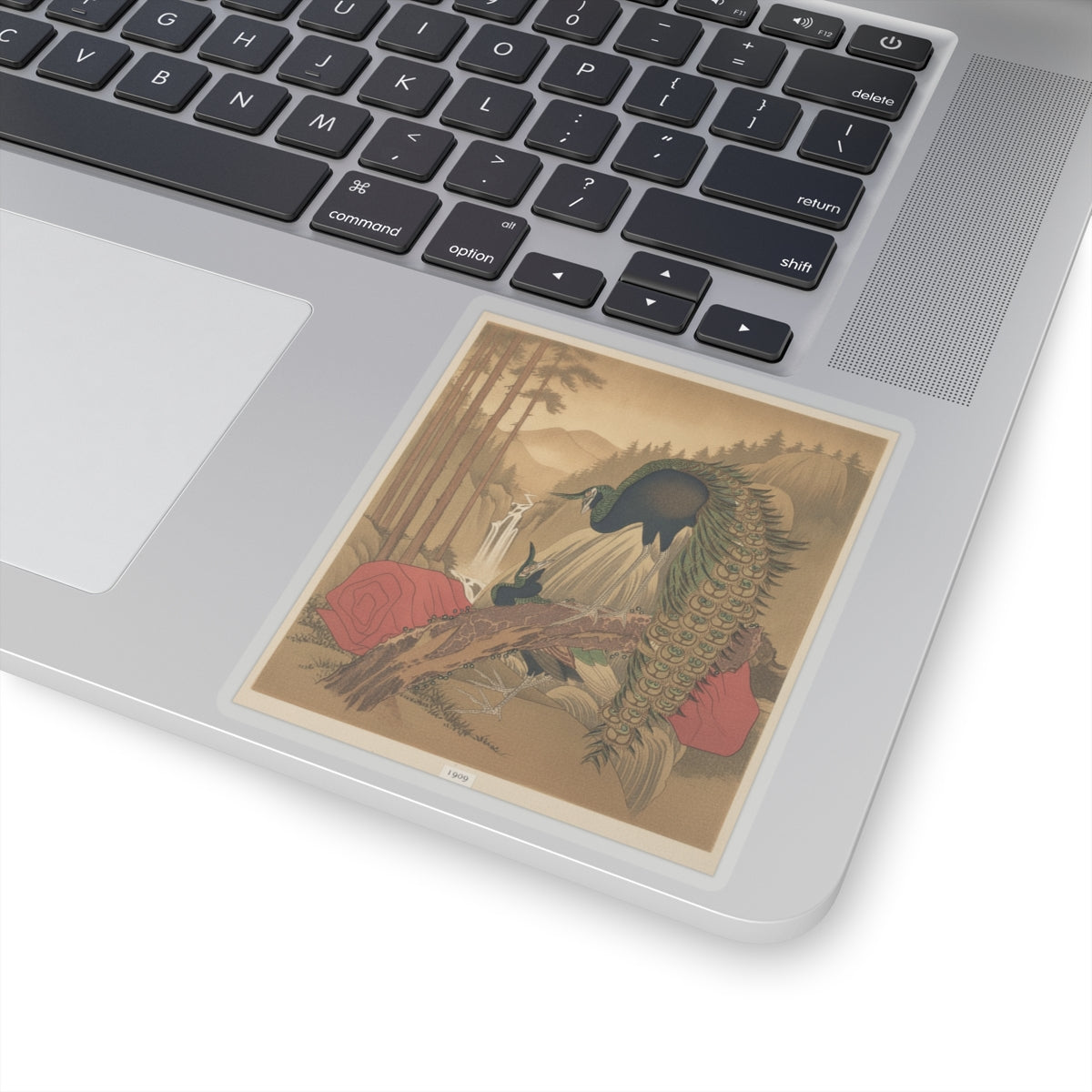 Scenic Nature — Painting Of Peacocks, Pines, A Waterfall, And A Roll Of Red Fabric — Kiss-Cut Sticker