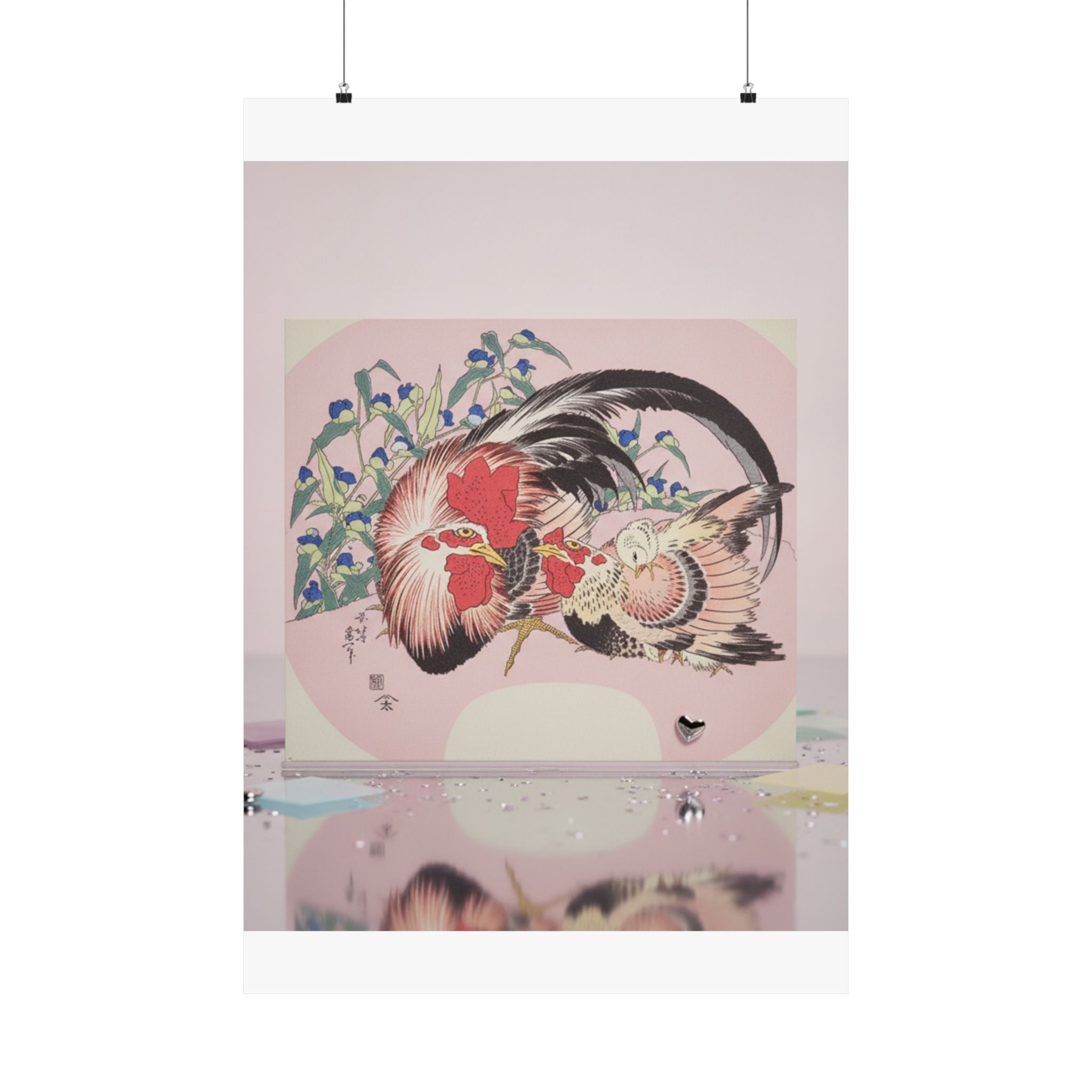 Product Marketing — Rooster, Hen And Chicken With Spiderwort — Matte Poster
