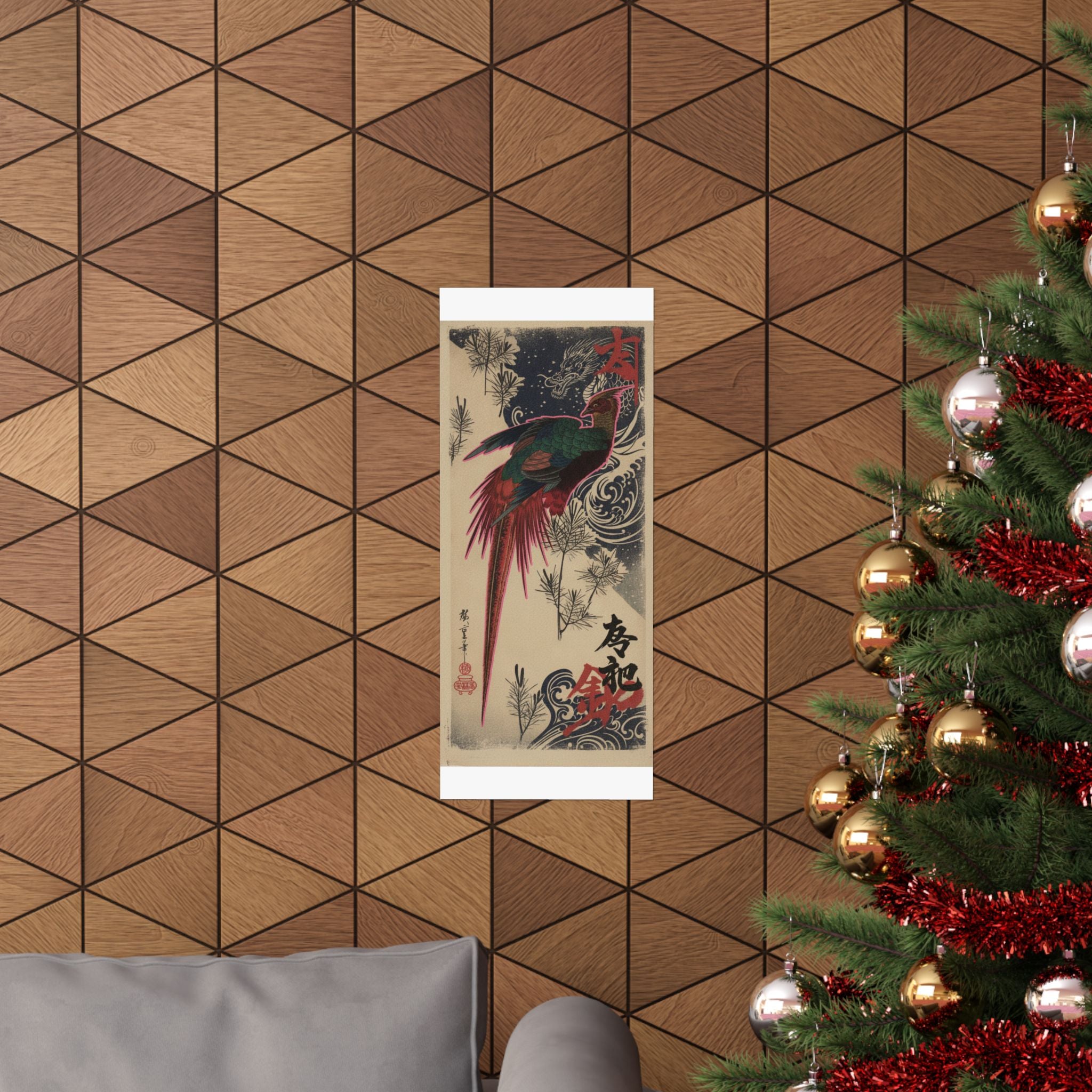 Japanese Street — Golden Pheasant And Pine Shoots In Snow — Matte Poster