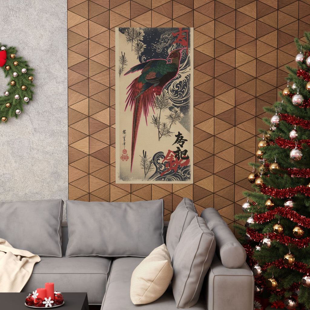 Japanese Street — Golden Pheasant And Pine Shoots In Snow — Matte Poster