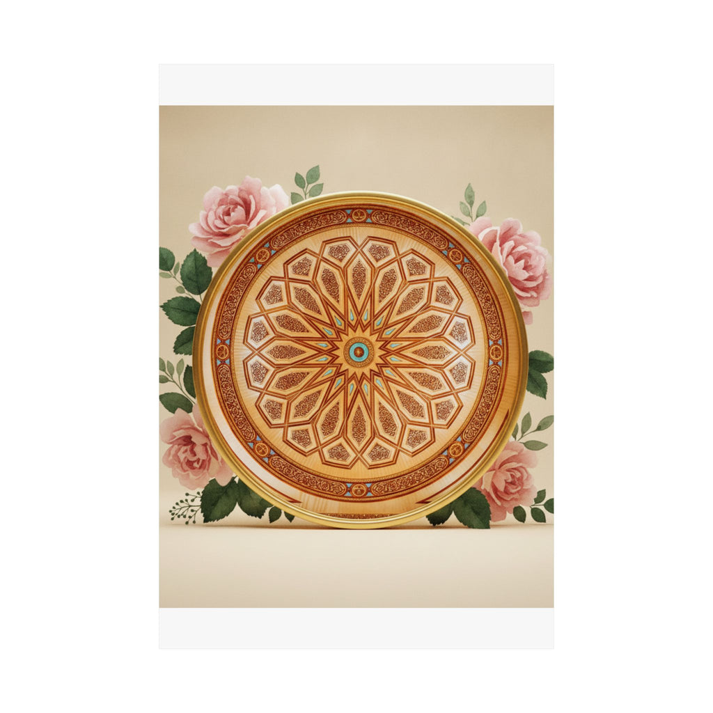 Gilded Moroccan Medallion and Pink Roses Art Poster
