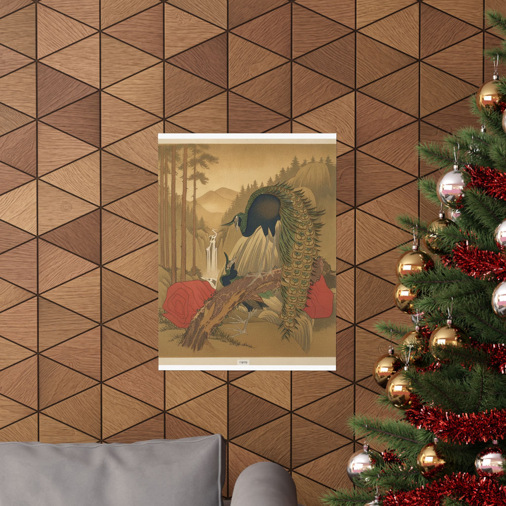 Scenic Nature — Painting Of Peacocks, Pines, A Waterfall, And A Roll Of Red Fabric — Matte Poster