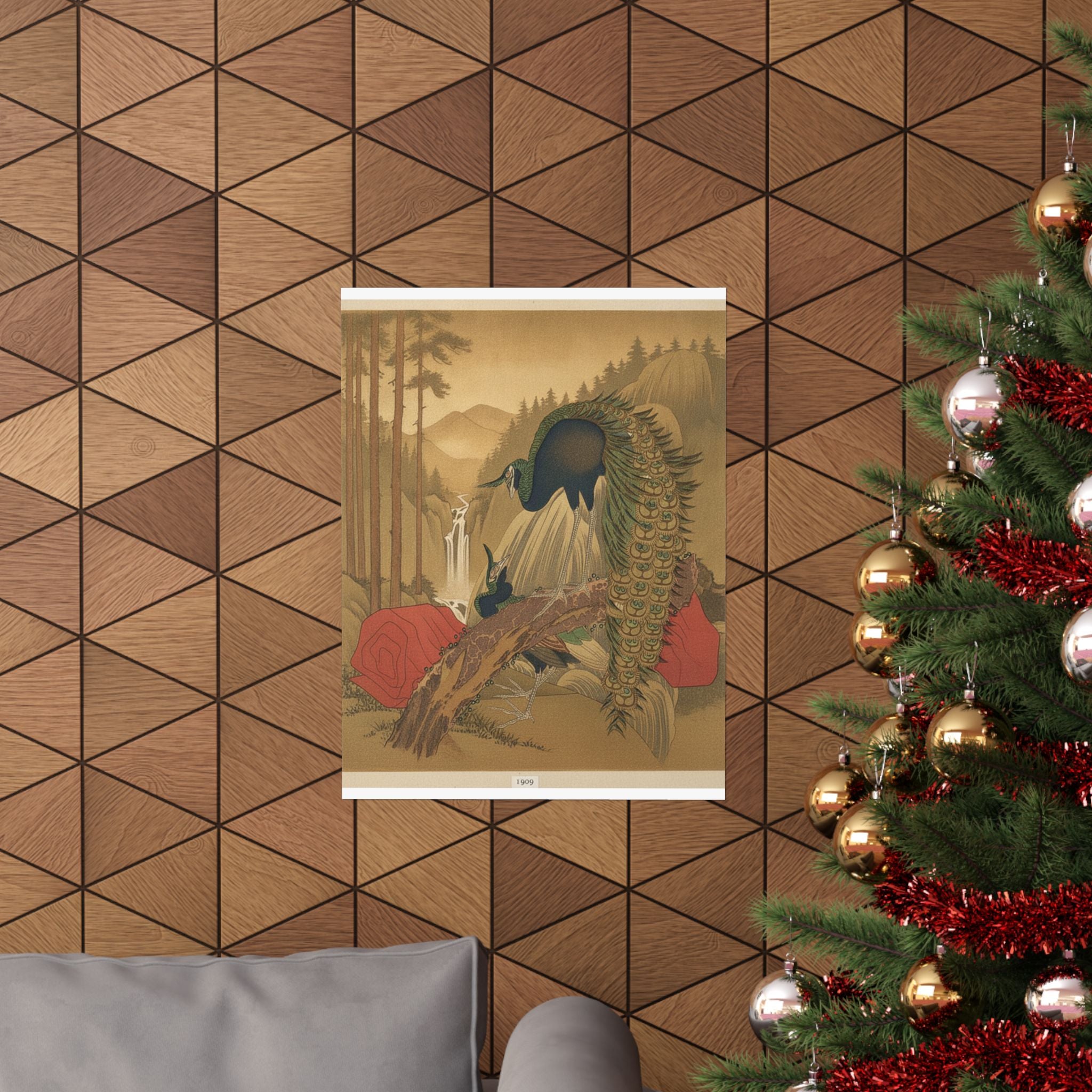 Scenic Nature — Painting Of Peacocks, Pines, A Waterfall, And A Roll Of Red Fabric — Matte Poster
