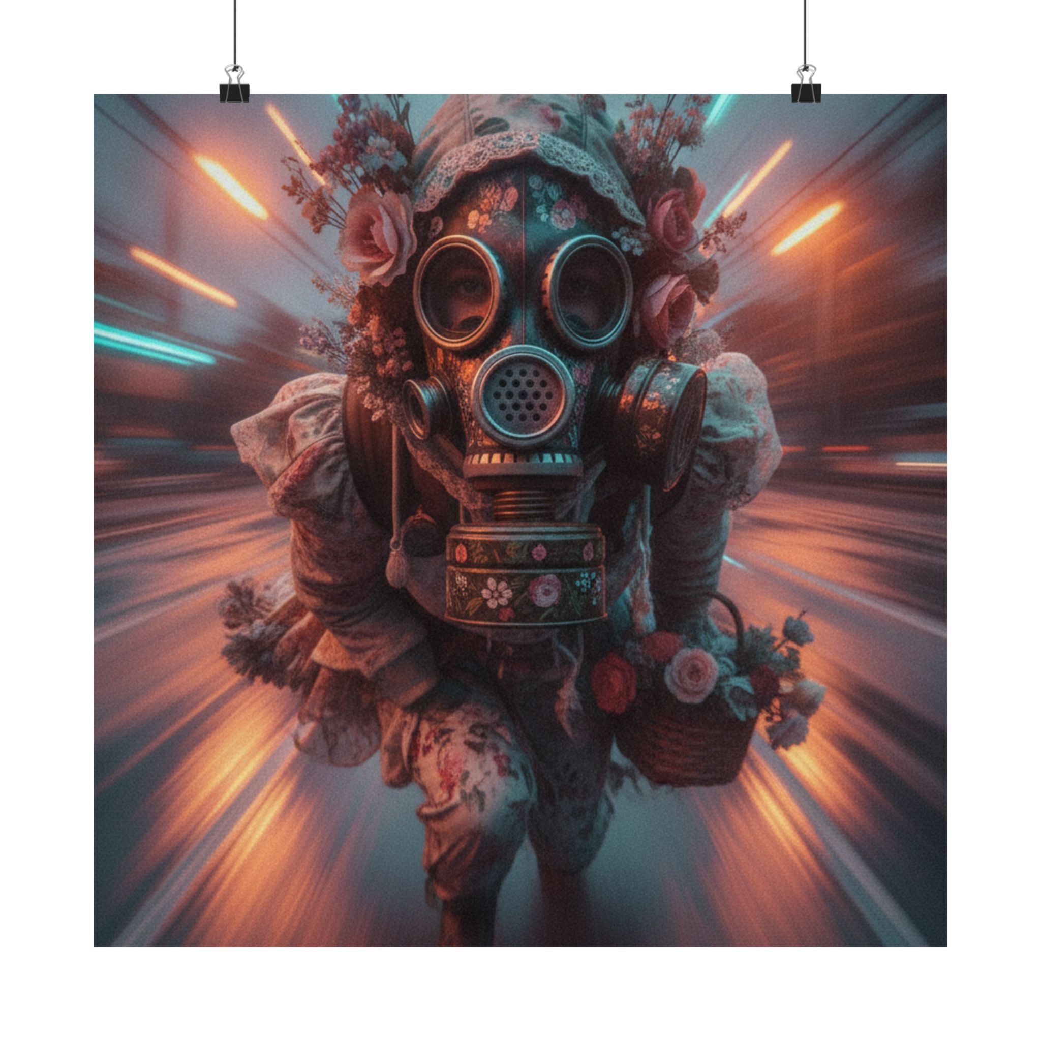 Neon Tunnel Rose Gas Mask Post-Apocalyptic Poster