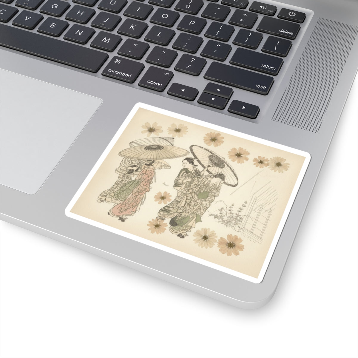 Botanical — A Lady With Three Attendants In The Rain — Kiss-Cut Sticker