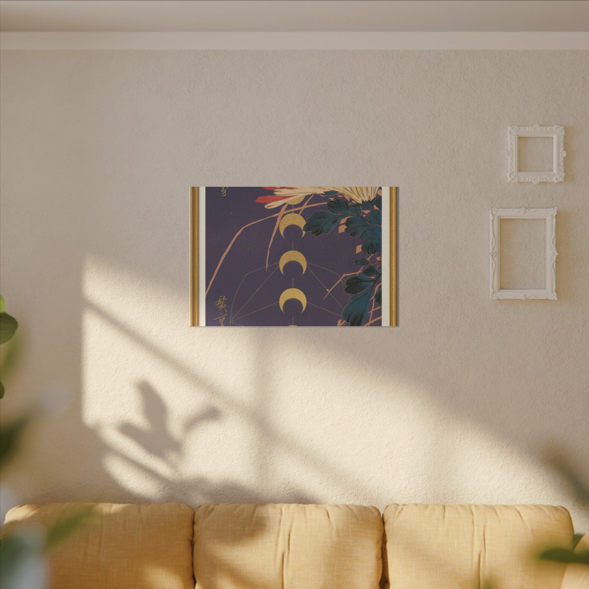 Chrysanthemum and Gold Moon Phases Woodblock Matte Canvas