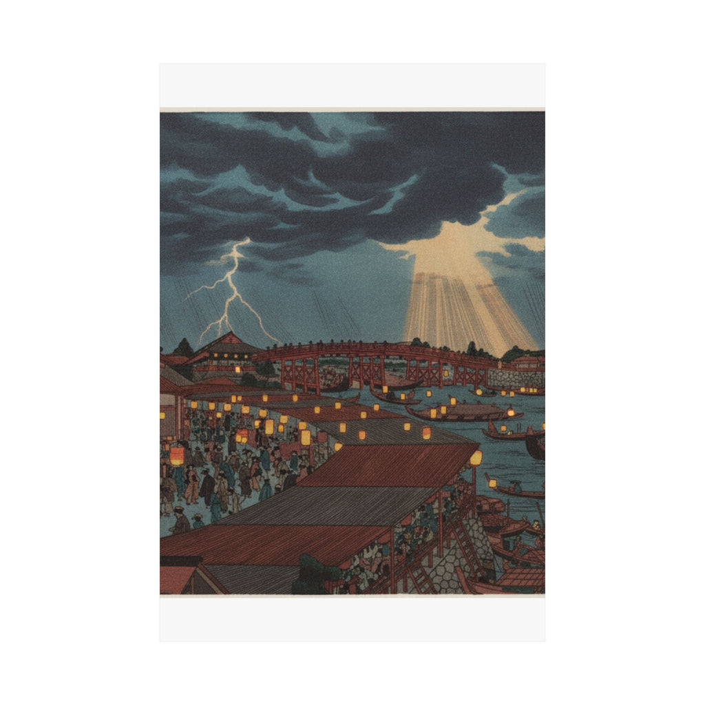 Dramatic Storm — Landscape; Showing Water Festival With Lanterns — Matte Poster