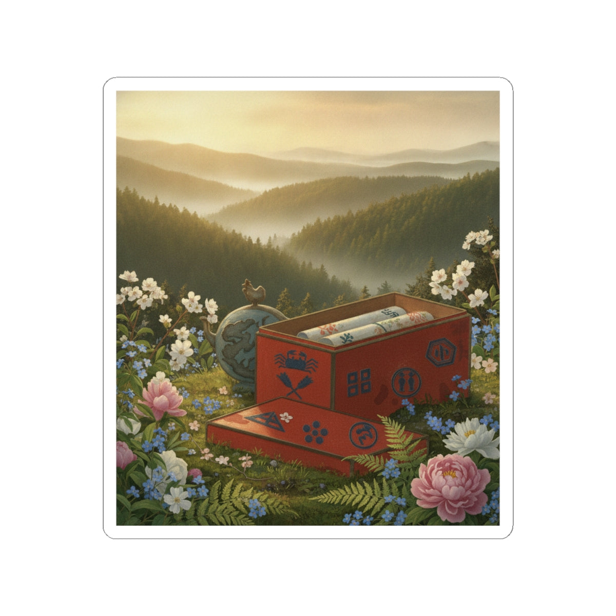 Scenic Nature — Red Lacquer Box And Water-Pot — Kiss-Cut Sticker