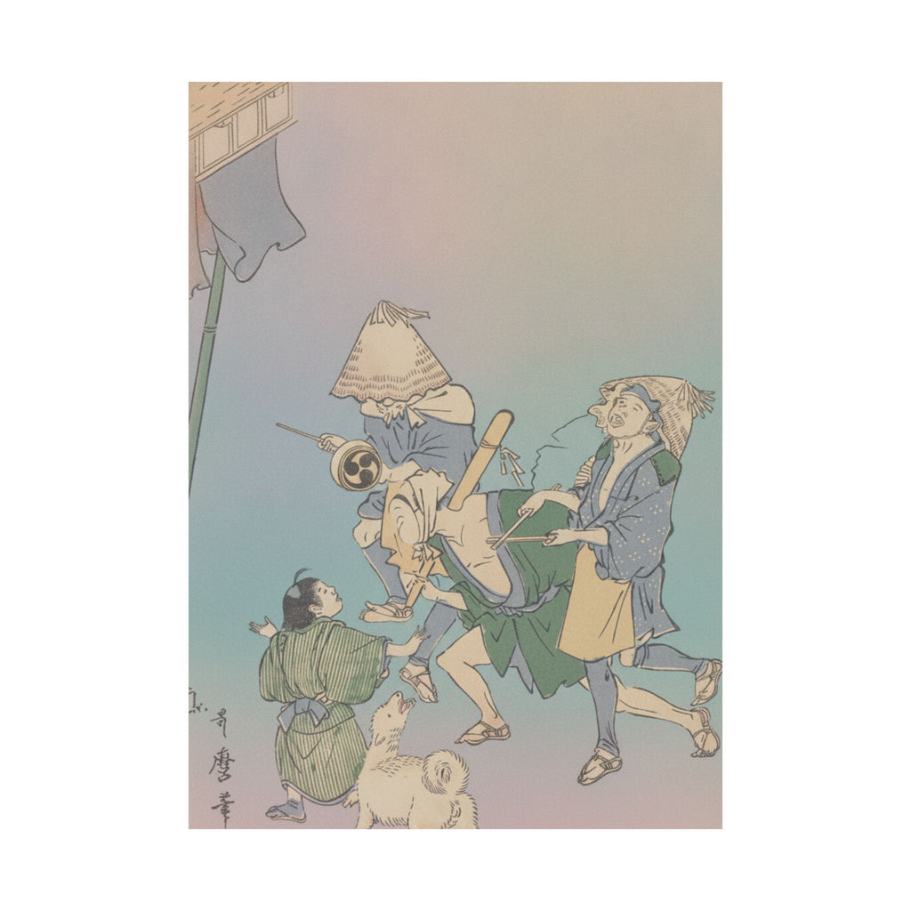 Affirmation — Three Revelers Of The Lower Classes, Wearing Komuso Hats, With Small Boy And Dog — Matte Poster