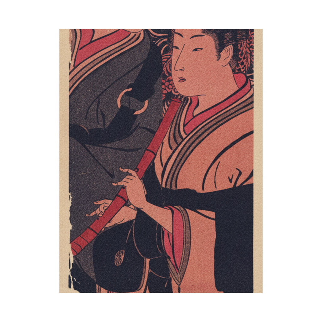 Japanese Street — Two Men, One Playing A Flute — Matte Poster