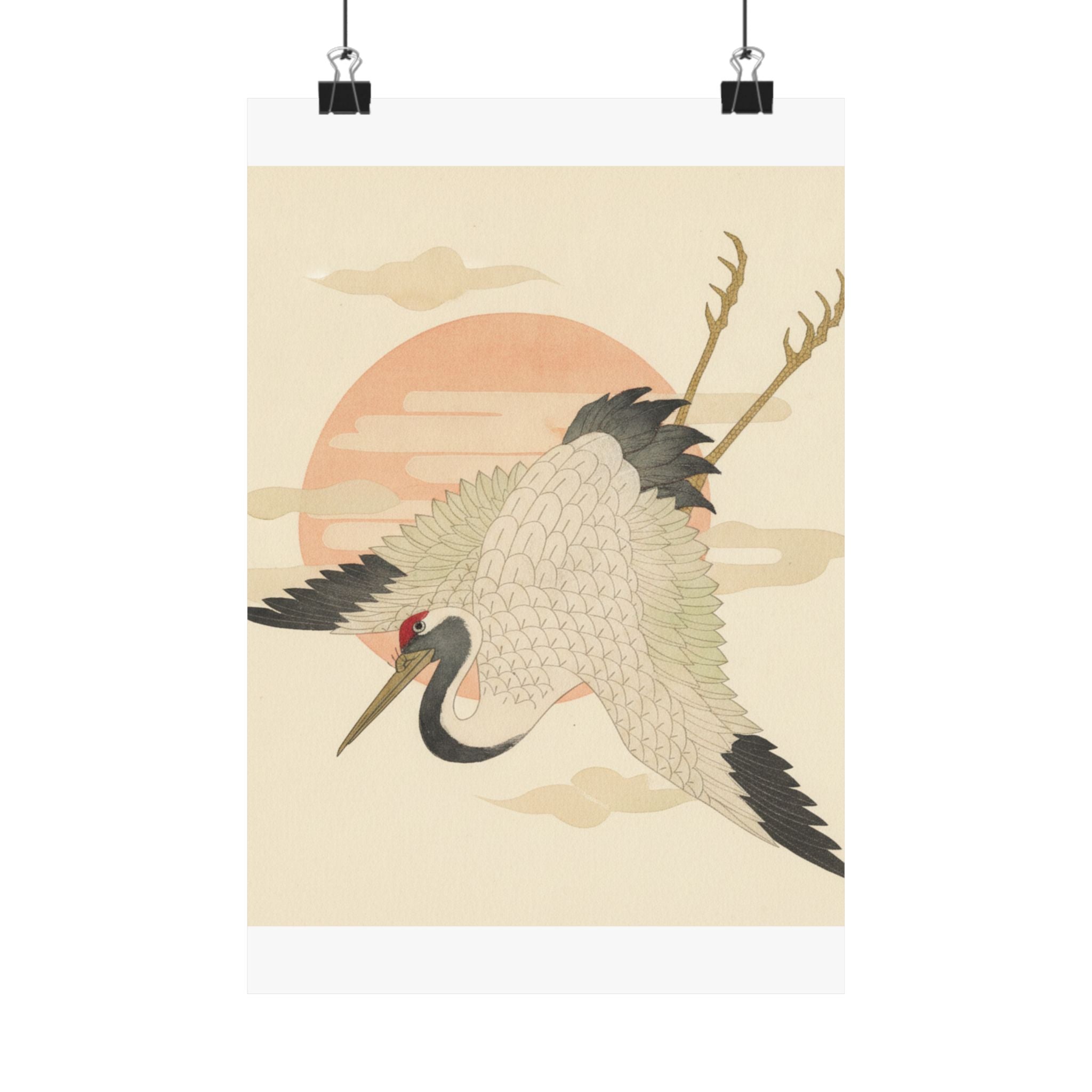 Botanical — White Crane Flying Across The Sun'S Disc — Matte Poster