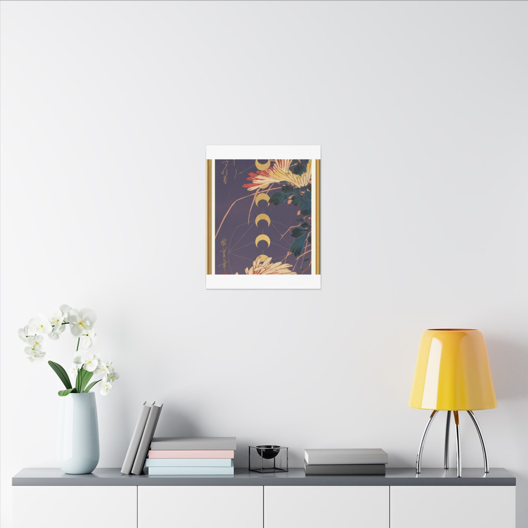 Chrysanthemum and Gold Moon Phases Woodblock Matte Canvas