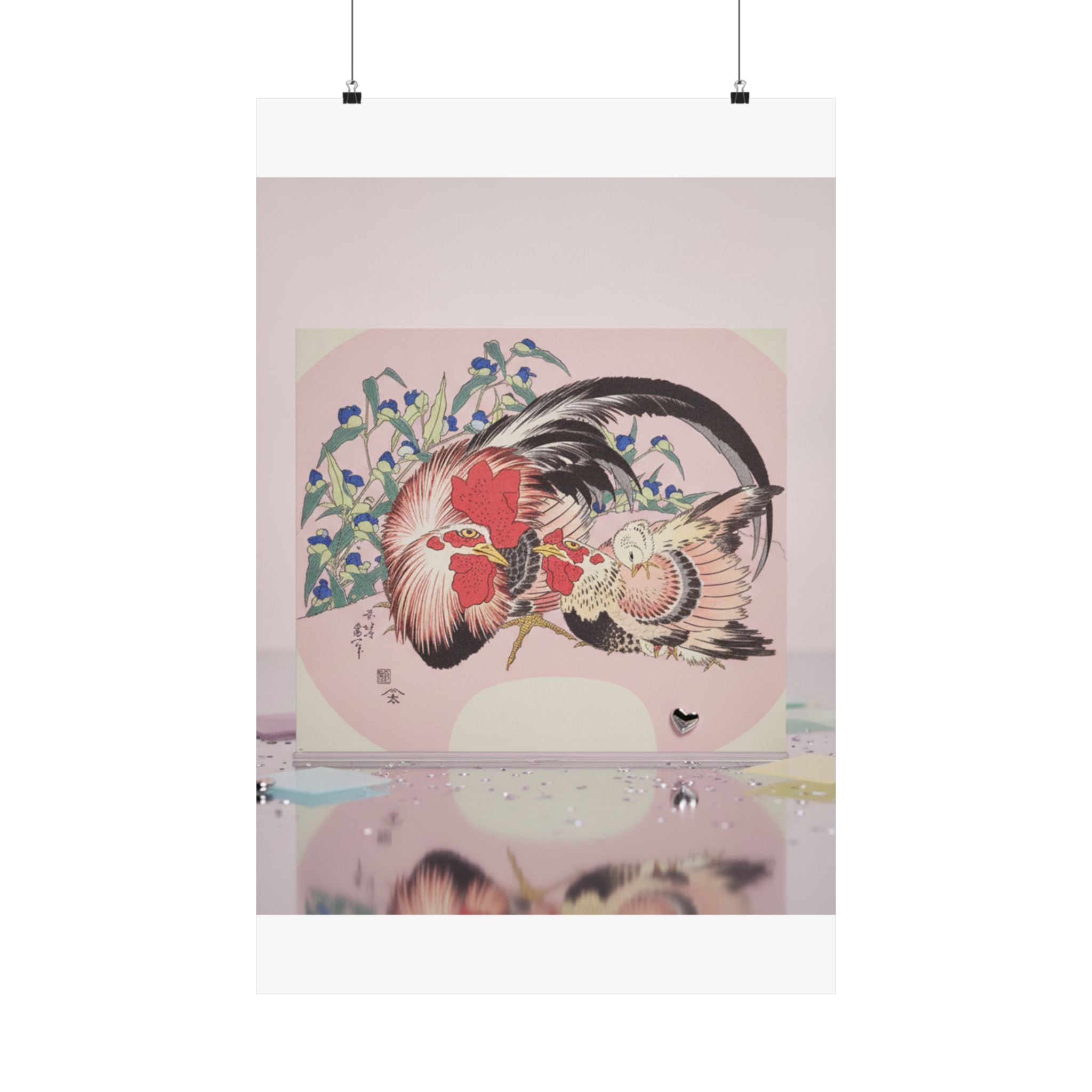 Product Marketing — Rooster, Hen And Chicken With Spiderwort — Matte Poster