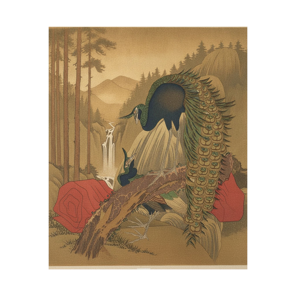 Scenic Nature — Painting Of Peacocks, Pines, A Waterfall, And A Roll Of Red Fabric — Matte Poster