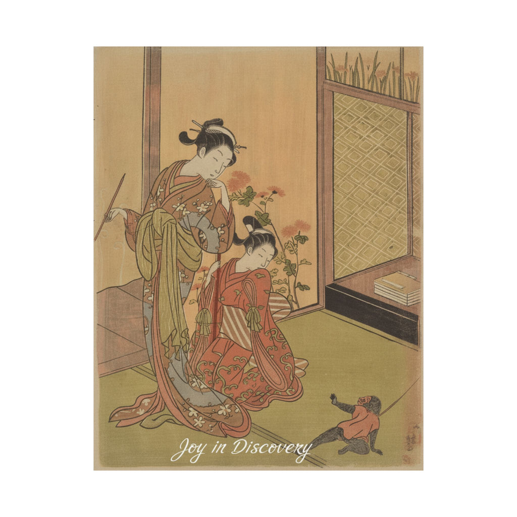 Affirmation — Two Girls Looking At A Monkey On A Leash — Matte Poster