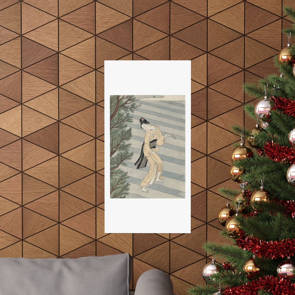 Watercolor — Young Woman Climbing Stone Stairs To A Shinto Temple — Matte Poster