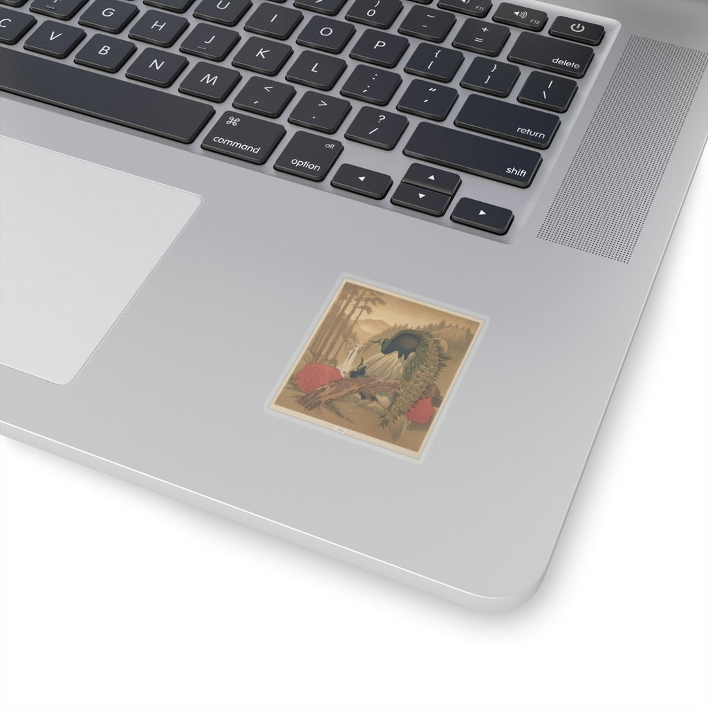 Scenic Nature — Painting Of Peacocks, Pines, A Waterfall, And A Roll Of Red Fabric — Kiss-Cut Sticker