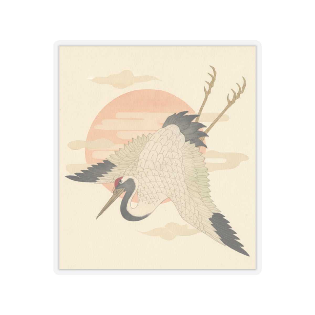 Botanical — White Crane Flying Across The Sun'S Disc — Kiss-Cut Sticker