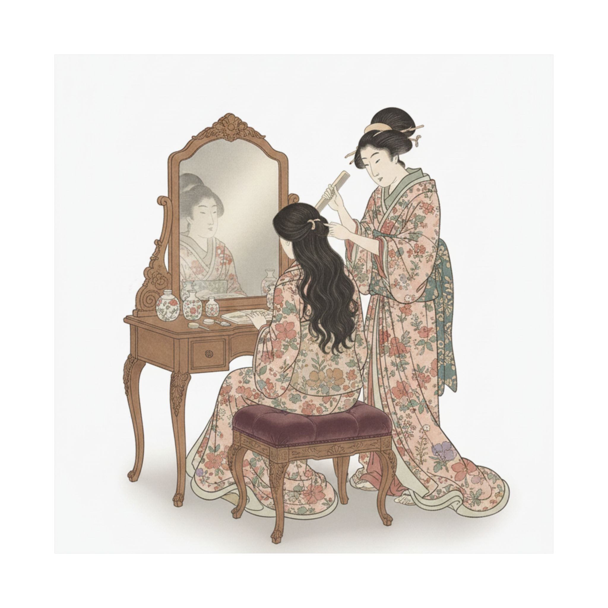 Ecommerce Main — A Woman At Her Toilet Seated Before A Mirror, Having Her Hair Combed By A Kameyu — Matte Poster