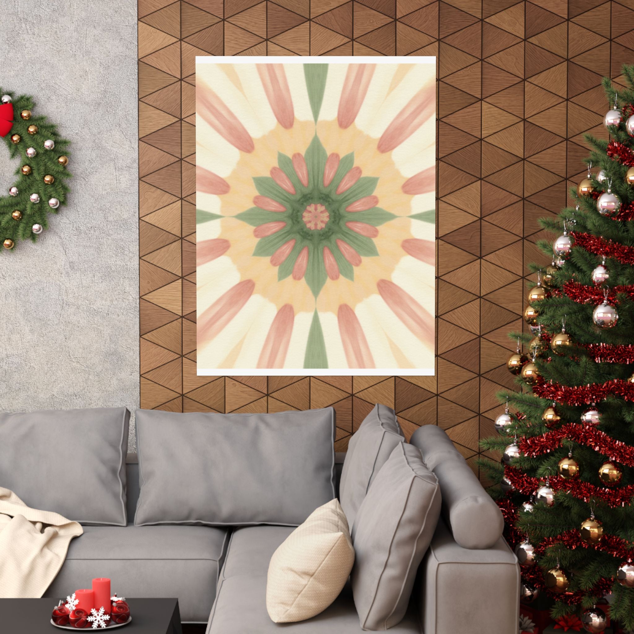 Peach and Sage Floral Kaleidoscope Mandala Poster