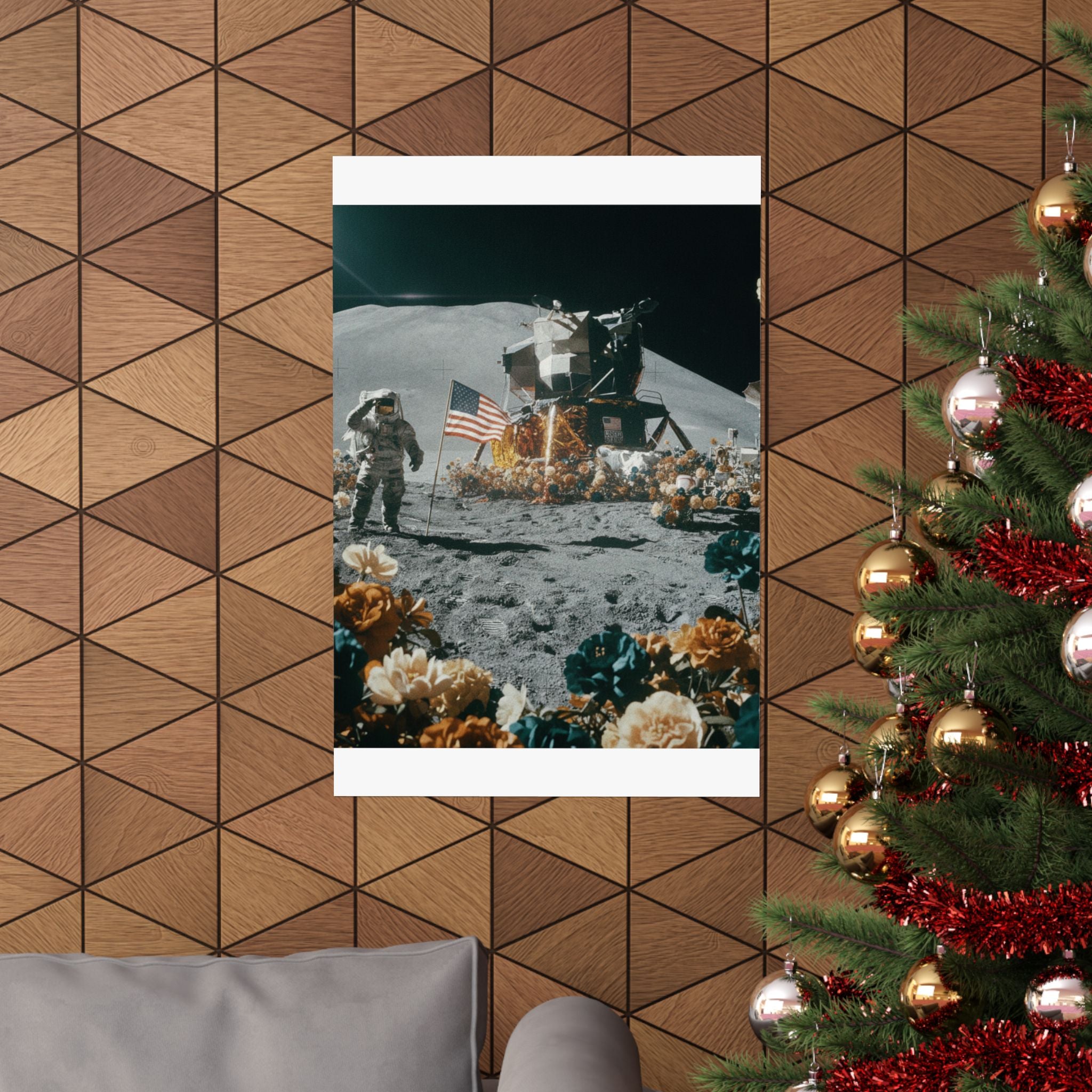 Astronaut Moon Landing in Bloom Surreal Space Poster