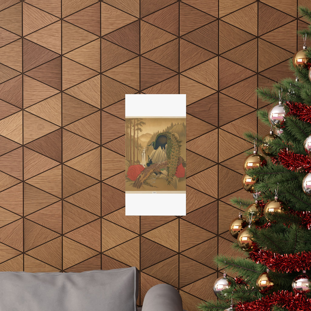 Scenic Nature — Painting Of Peacocks, Pines, A Waterfall, And A Roll Of Red Fabric — Matte Poster