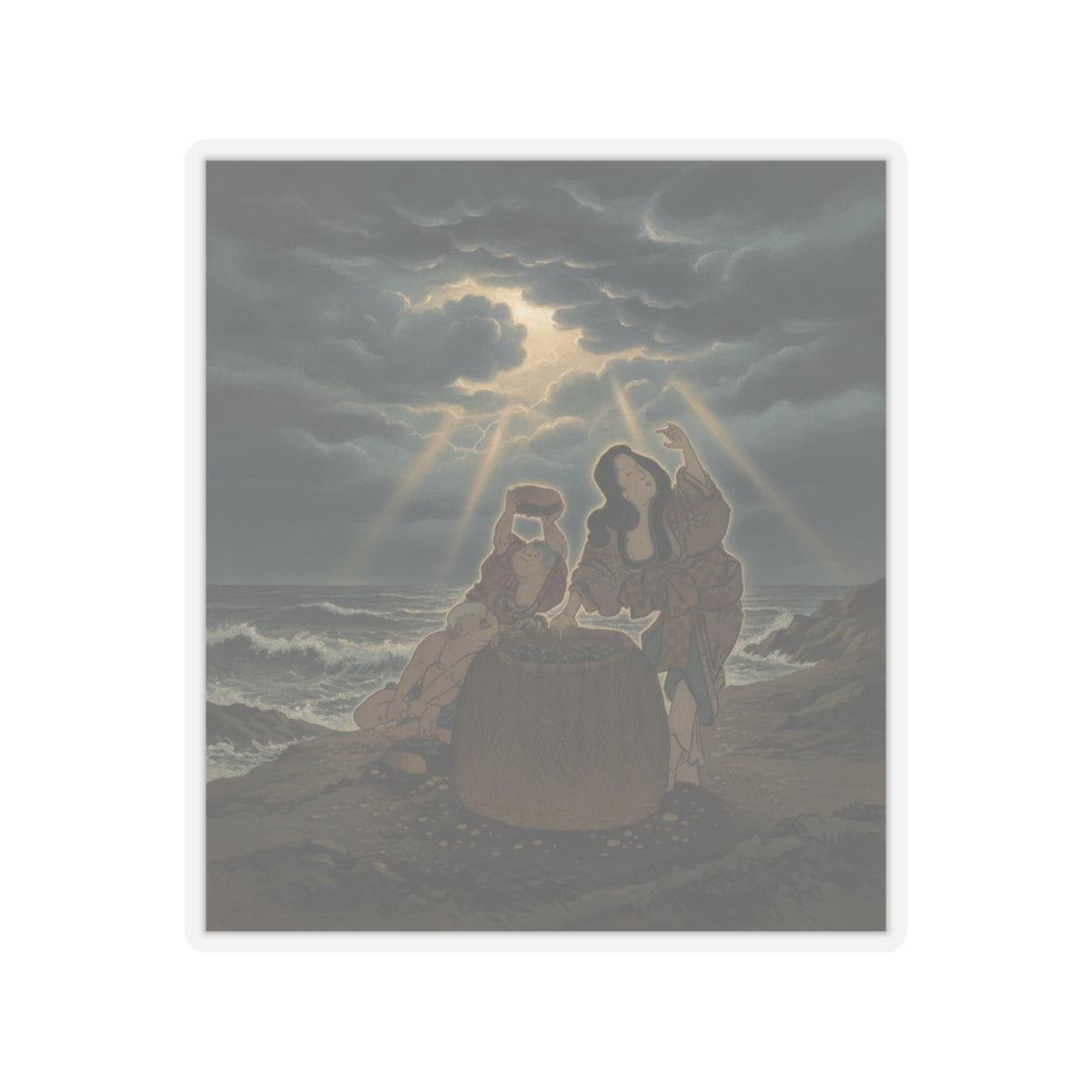Dramatic Storm — Fisherwoman With A Basket And Two Boys — Kiss-Cut Sticker