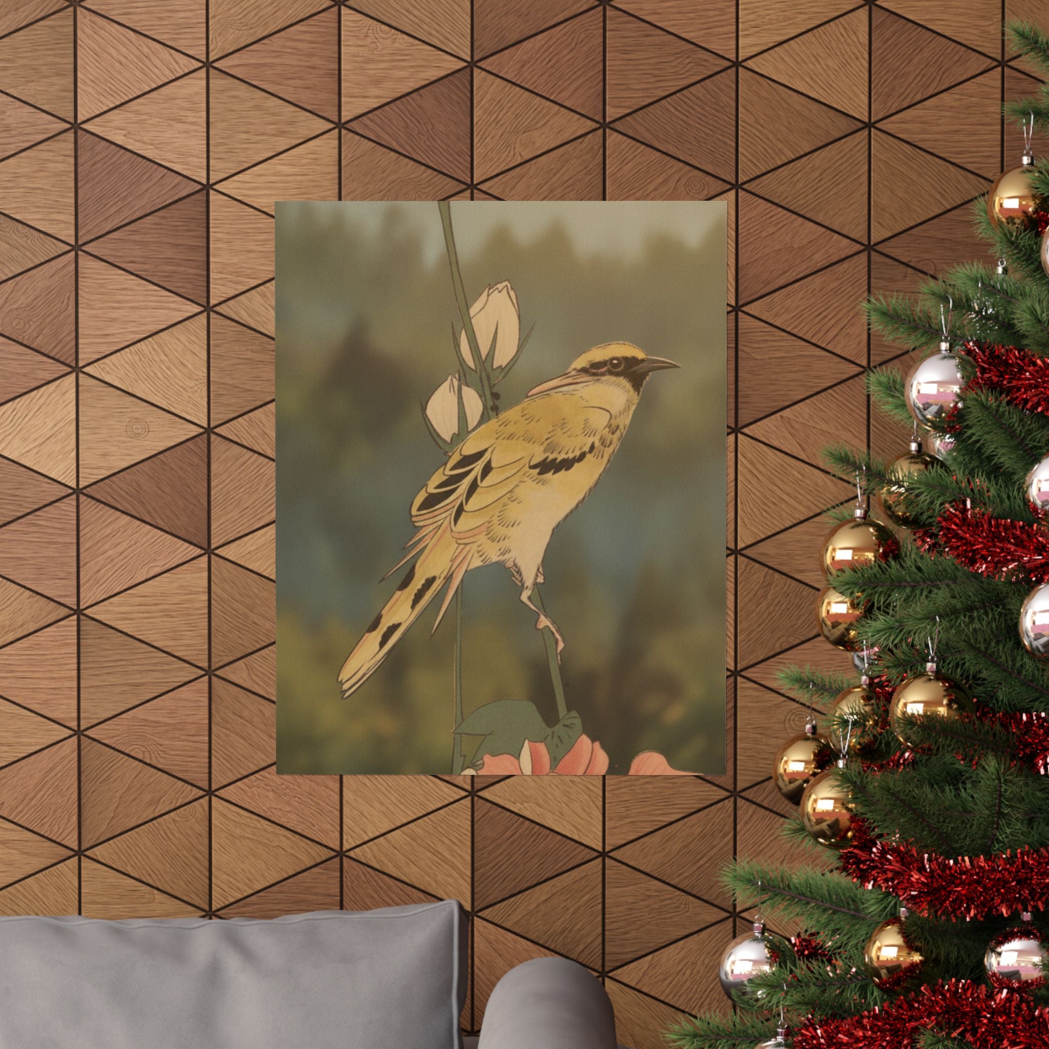 Scenic Nature — Black-Naped Oriole Perched On A Stem Of Rose Mallow — Matte Poster