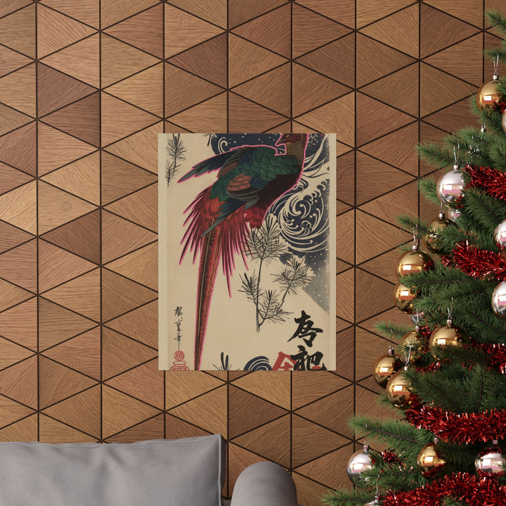 Japanese Street — Golden Pheasant And Pine Shoots In Snow — Matte Poster