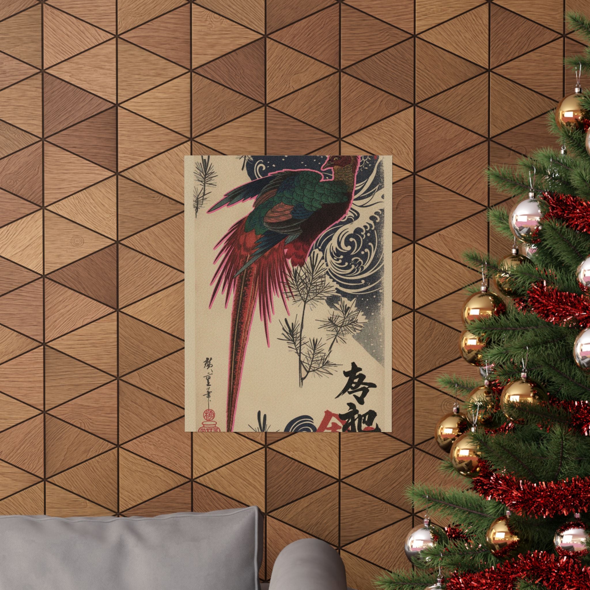 Japanese Street — Golden Pheasant And Pine Shoots In Snow — Matte Poster