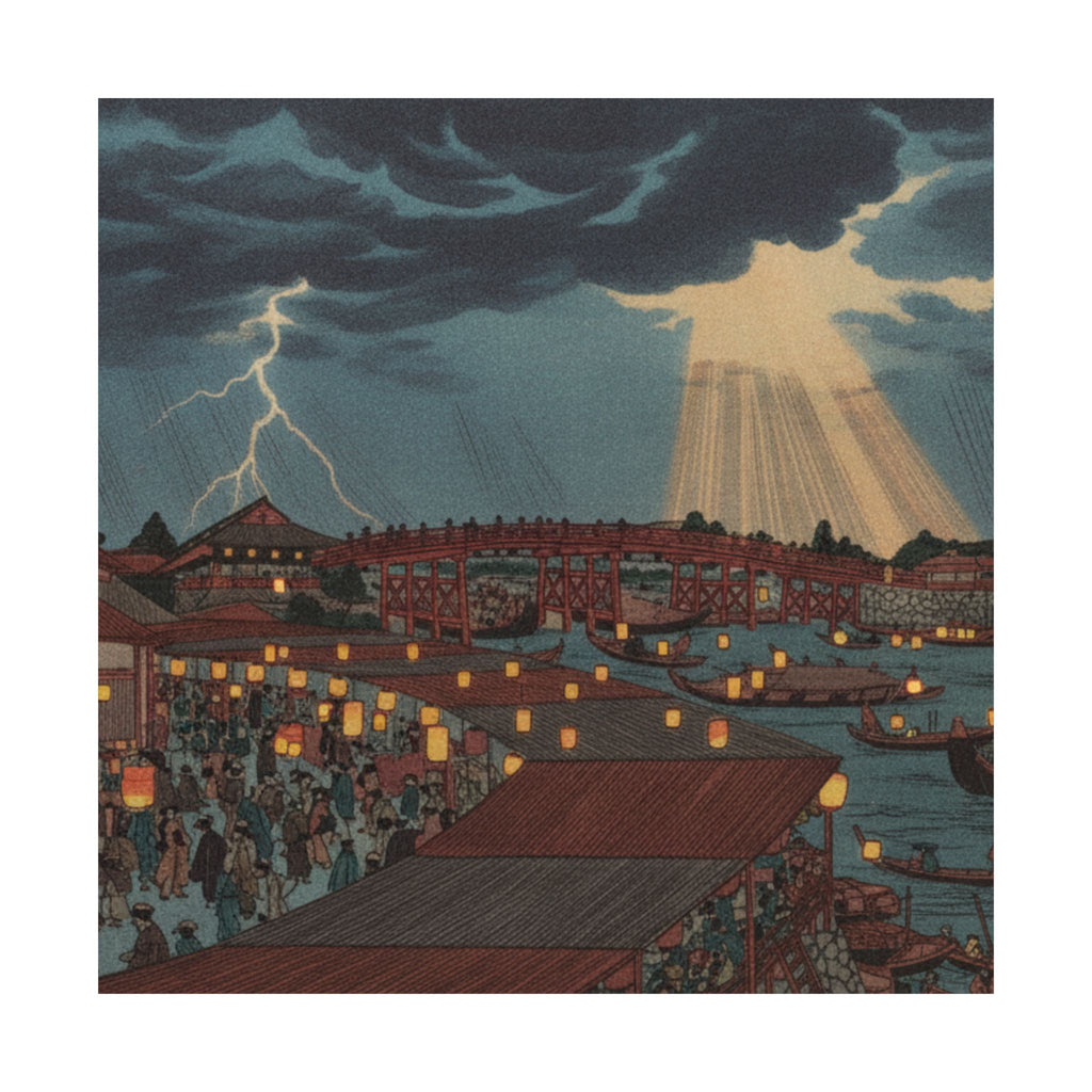 Dramatic Storm — Landscape; Showing Water Festival With Lanterns — Matte Poster