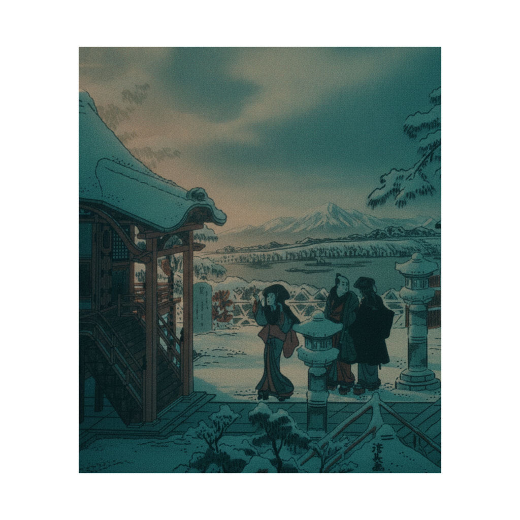 Cinematic — Snow Scene With Figures Outside A Temple — Matte Poster