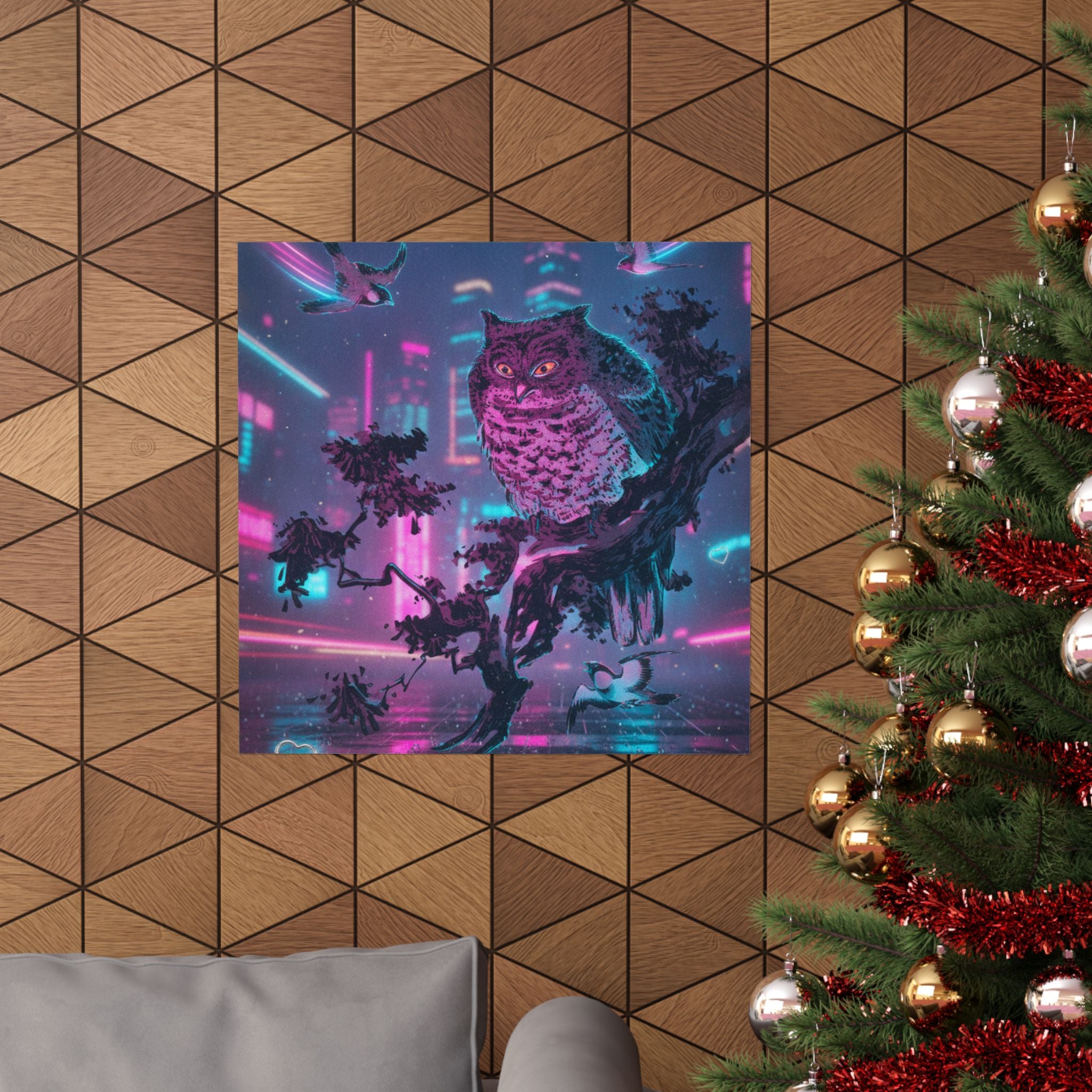 Neon Noir — Owl And Two Swallows — Matte Poster
