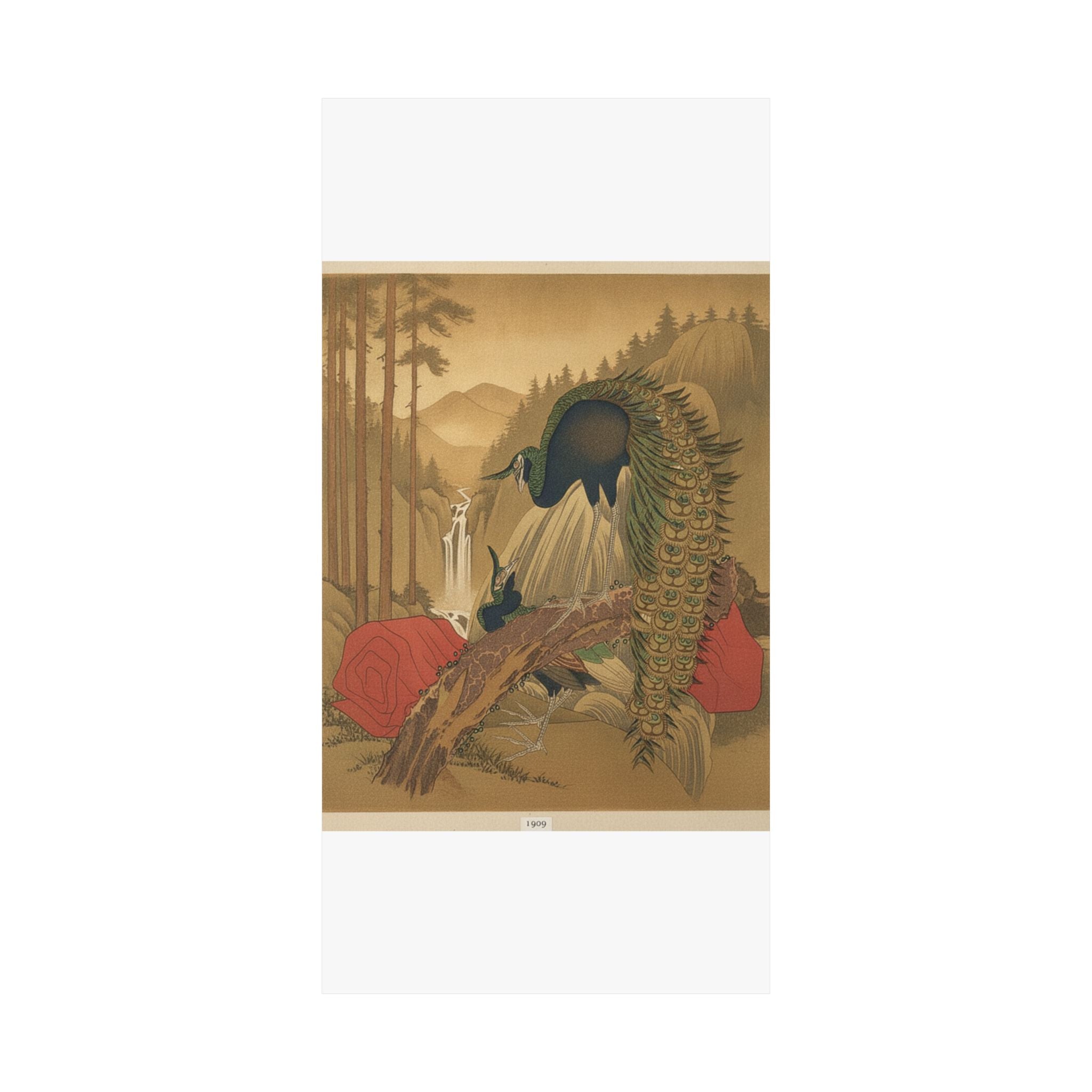 Scenic Nature — Painting Of Peacocks, Pines, A Waterfall, And A Roll Of Red Fabric — Matte Poster