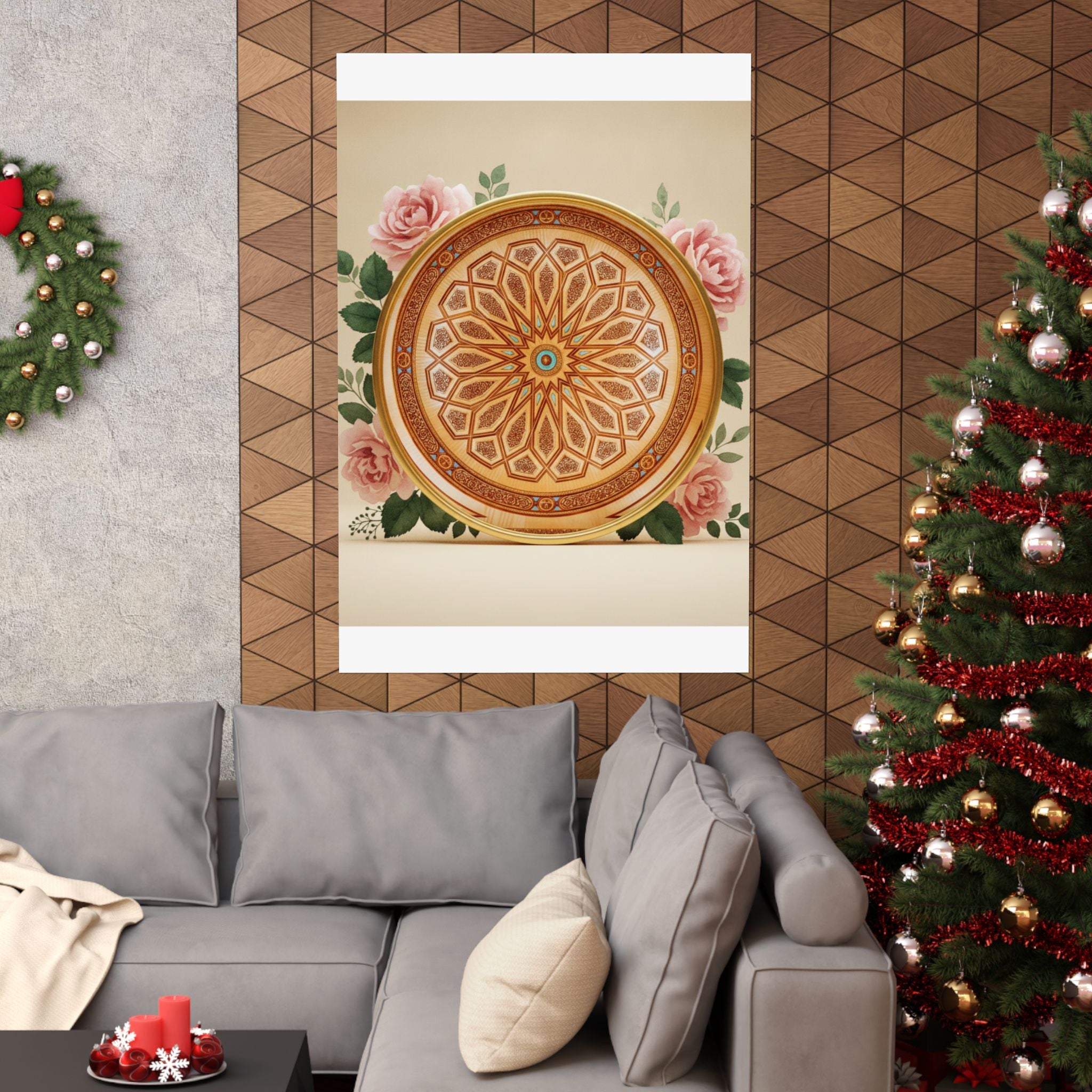Gilded Moroccan Medallion and Pink Roses Art Poster