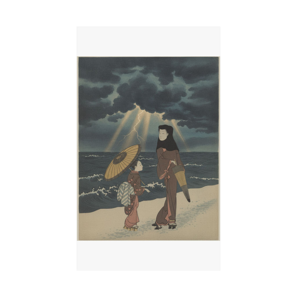 Dramatic Storm — Lady With Black Hood And Umbrella Out Walking With Young Attendant — Matte Poster