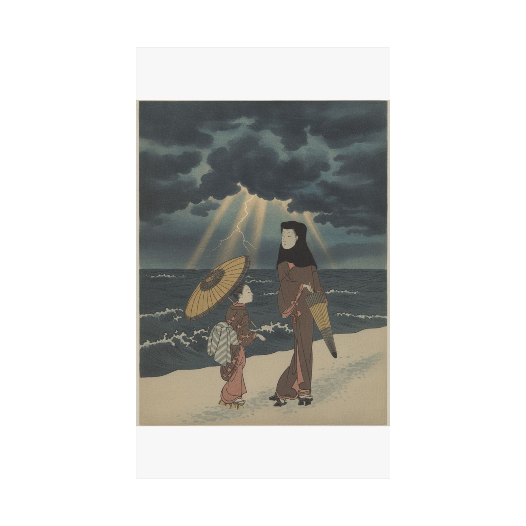 Dramatic Storm — Lady With Black Hood And Umbrella Out Walking With Young Attendant — Matte Poster