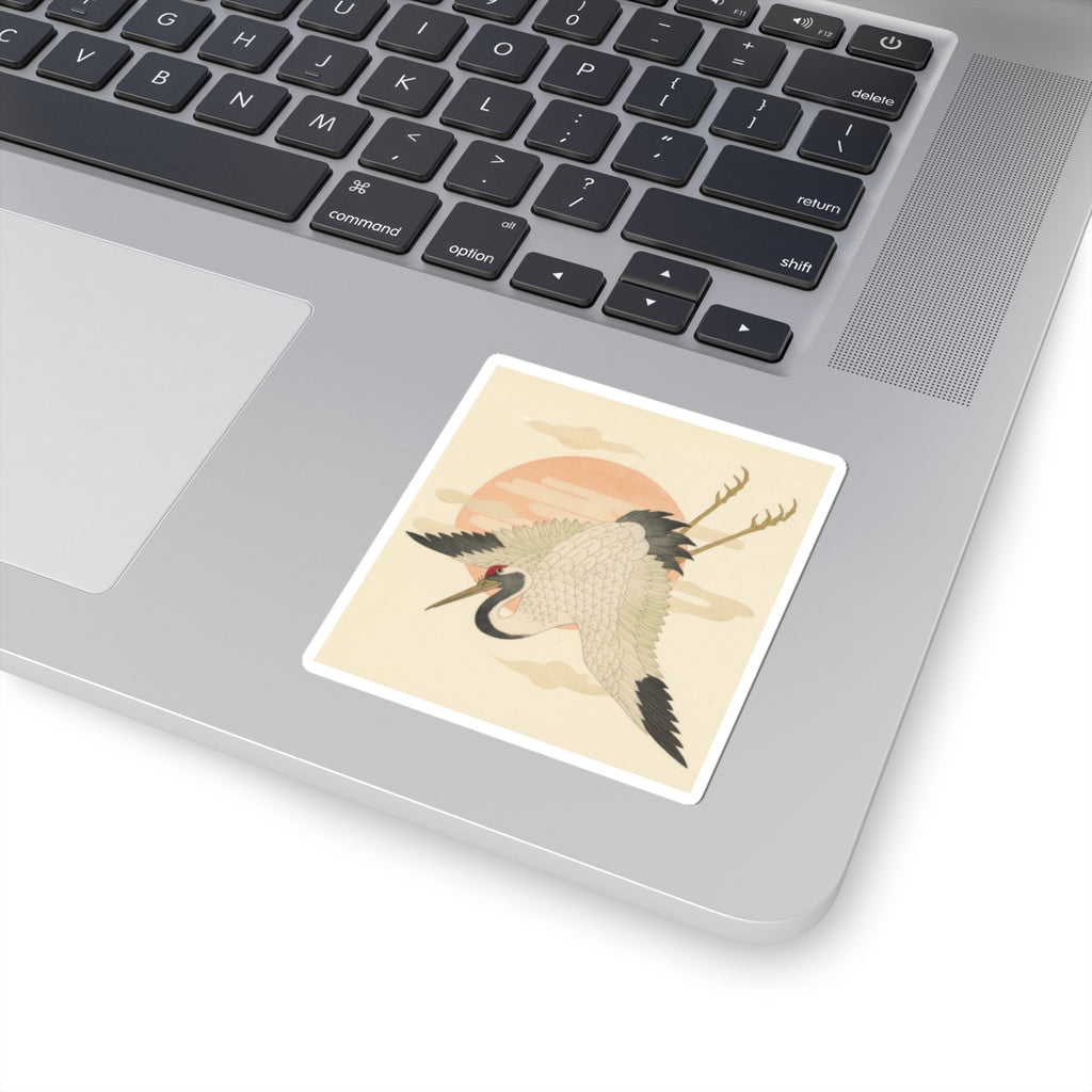 Botanical — White Crane Flying Across The Sun'S Disc — Kiss-Cut Sticker