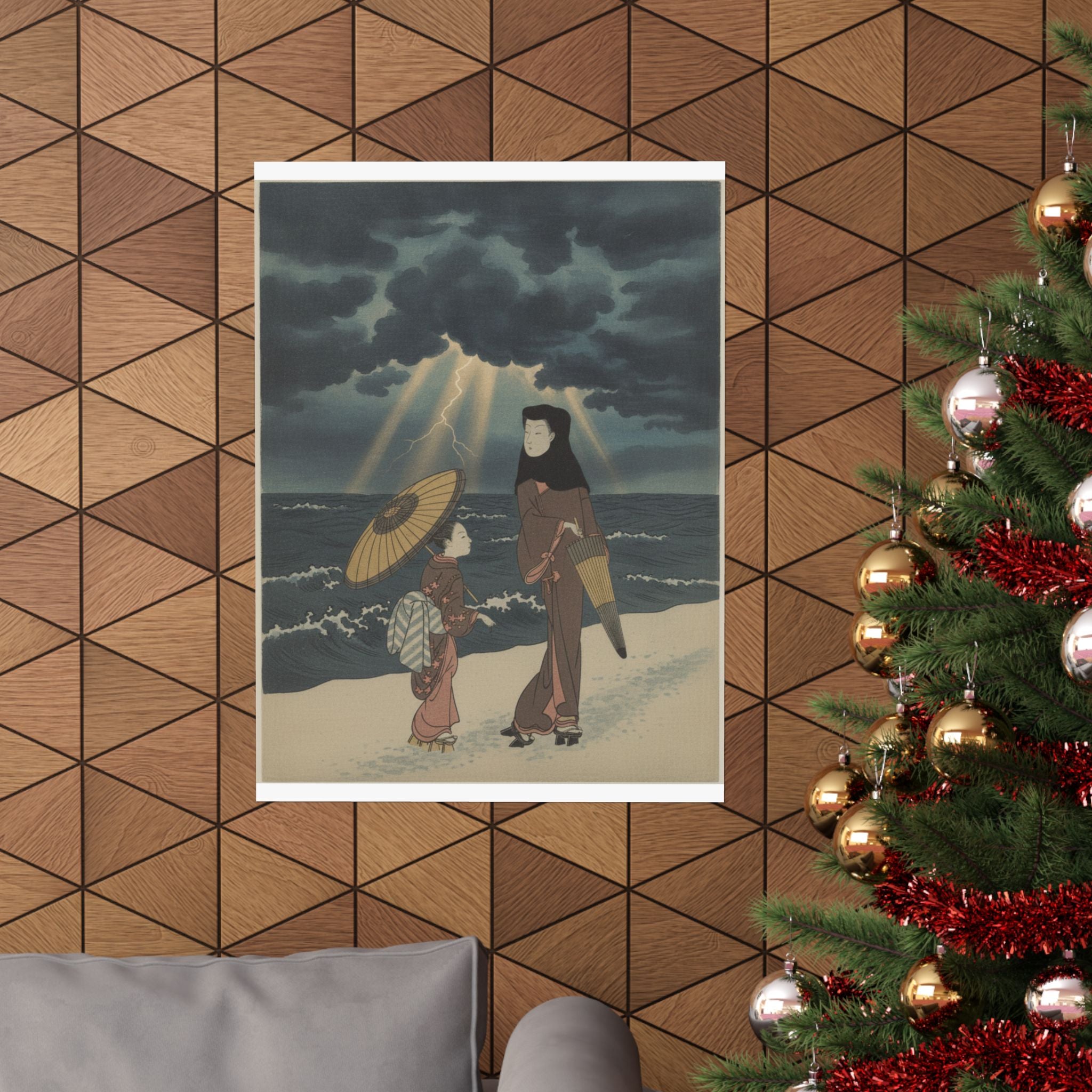 Dramatic Storm — Lady With Black Hood And Umbrella Out Walking With Young Attendant — Matte Poster
