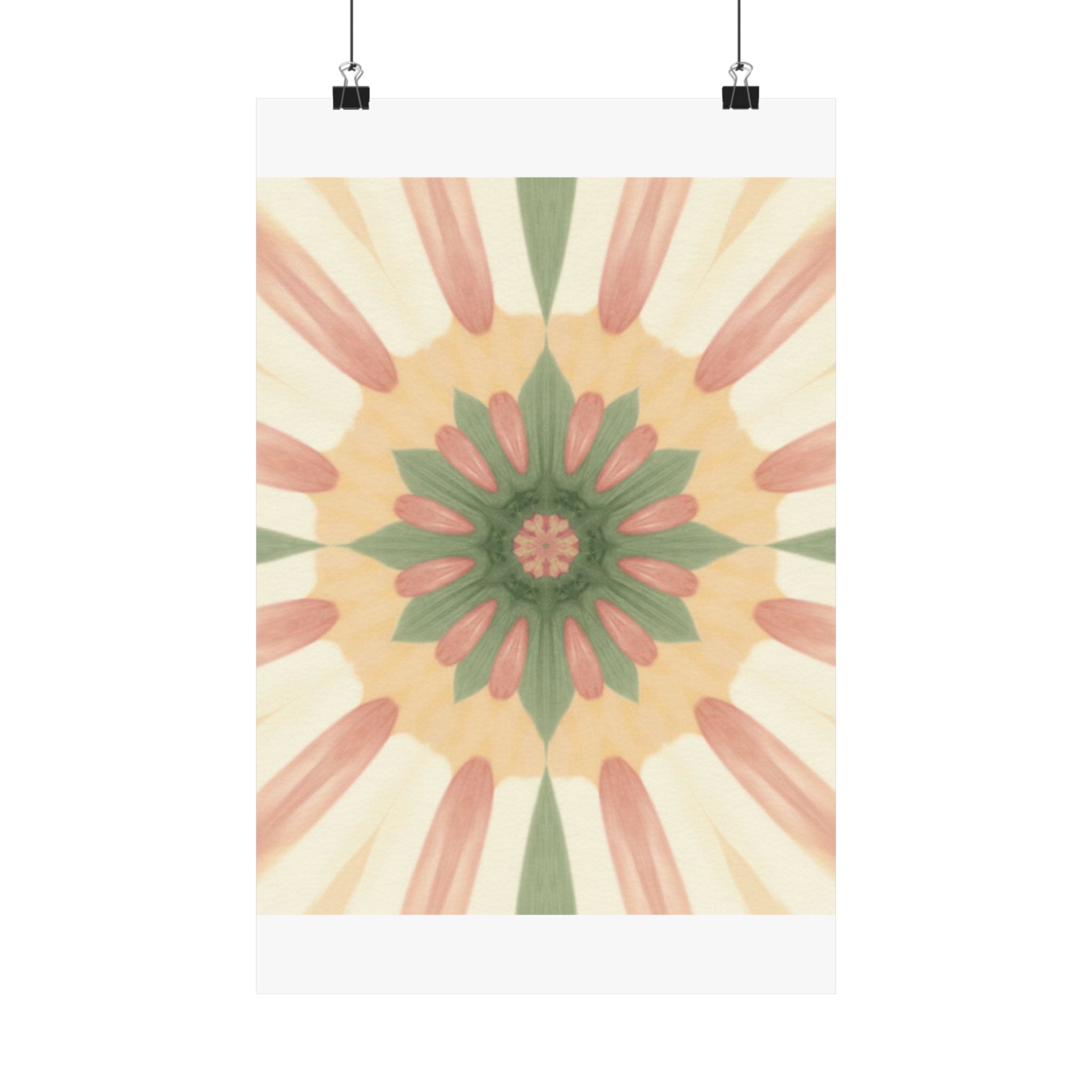 Peach and Sage Floral Kaleidoscope Mandala Poster