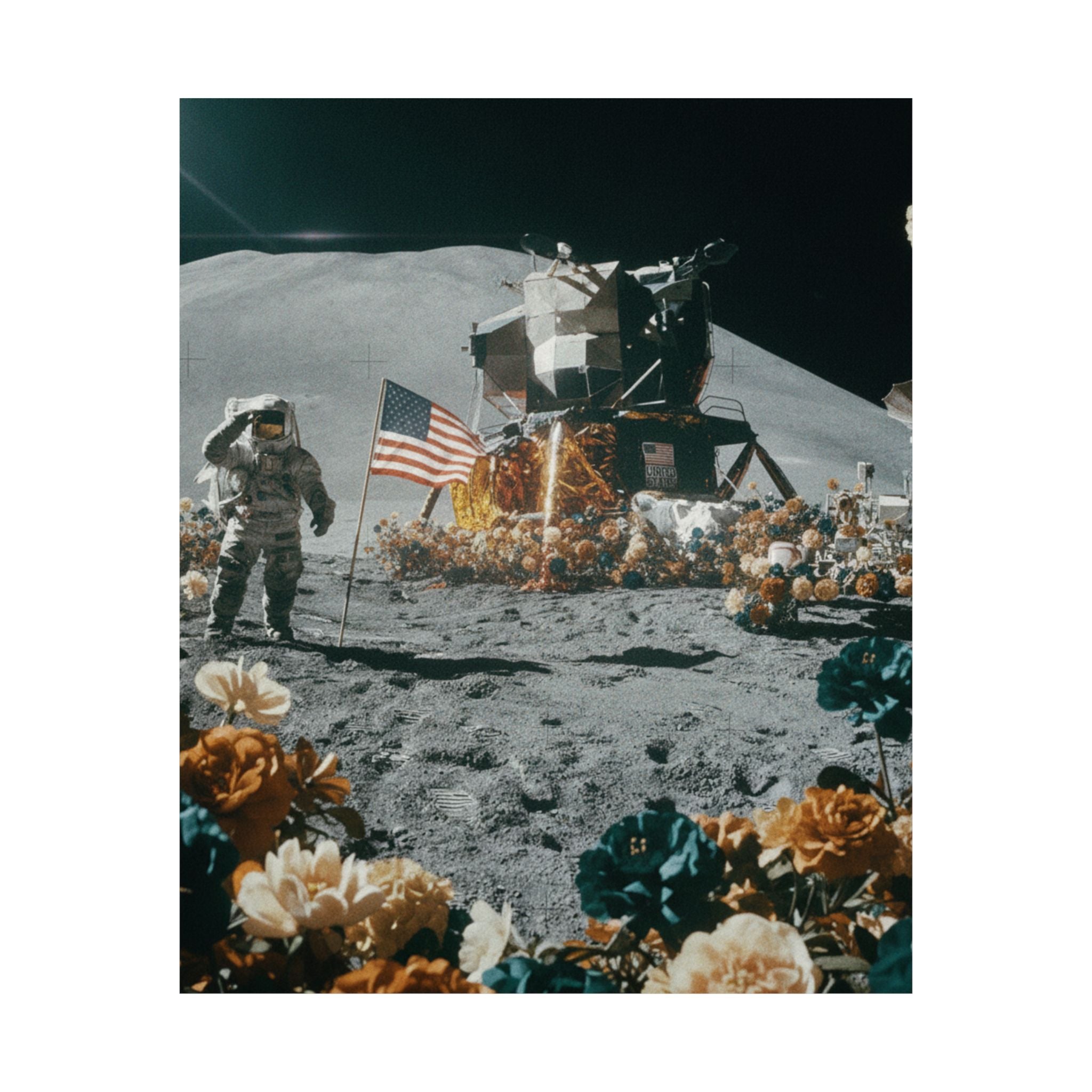Astronaut Moon Landing in Bloom Surreal Space Poster