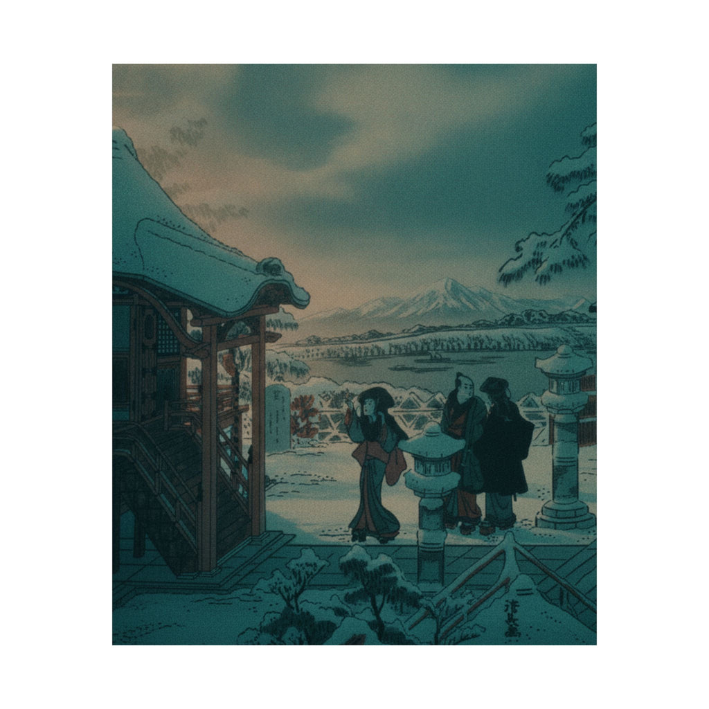 Cinematic — Snow Scene With Figures Outside A Temple — Matte Poster