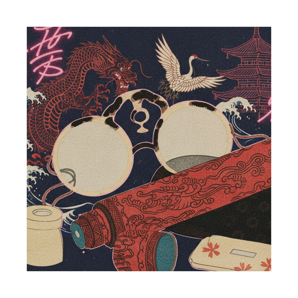 Japanese Street — Spectacles And Telescope With Cases — Matte Poster