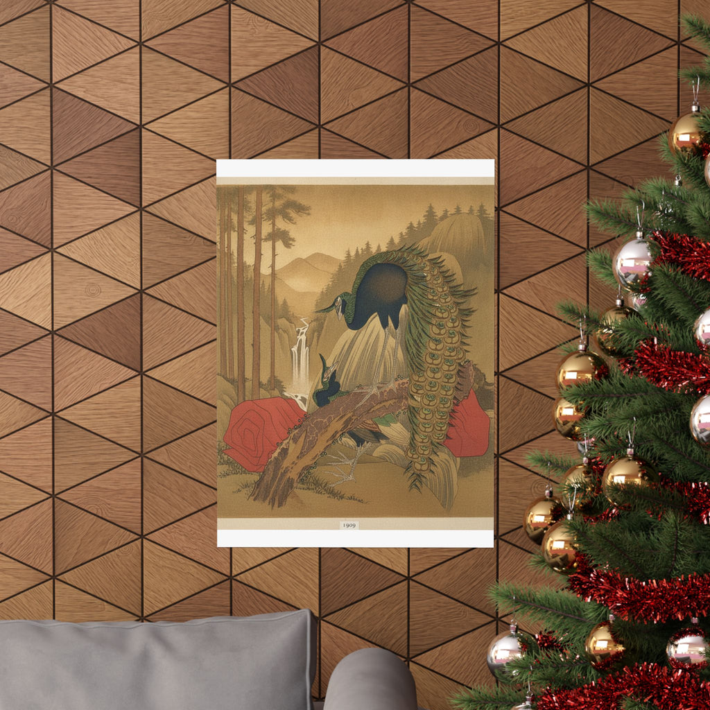 Scenic Nature — Painting Of Peacocks, Pines, A Waterfall, And A Roll Of Red Fabric — Matte Poster