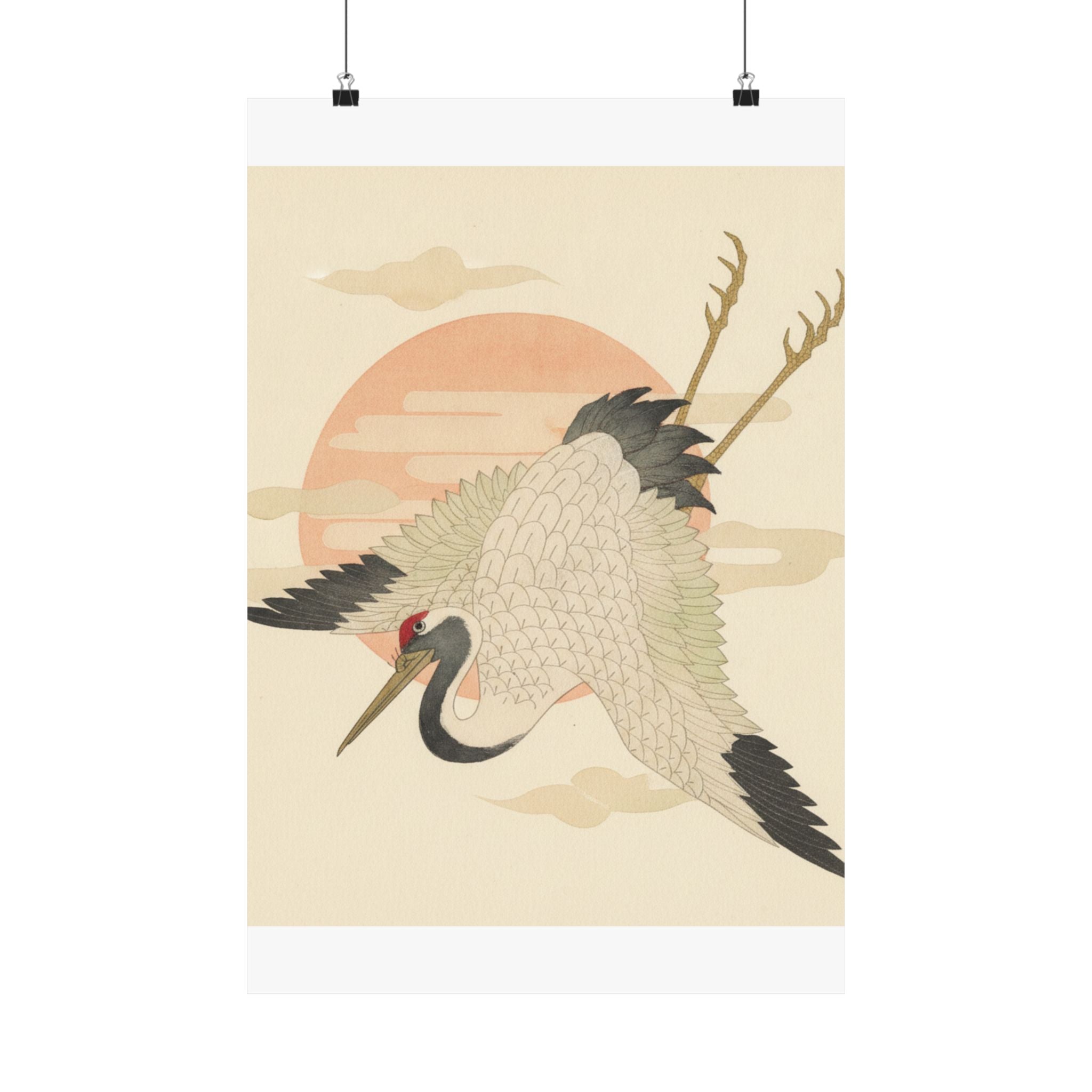 Botanical — White Crane Flying Across The Sun'S Disc — Matte Poster