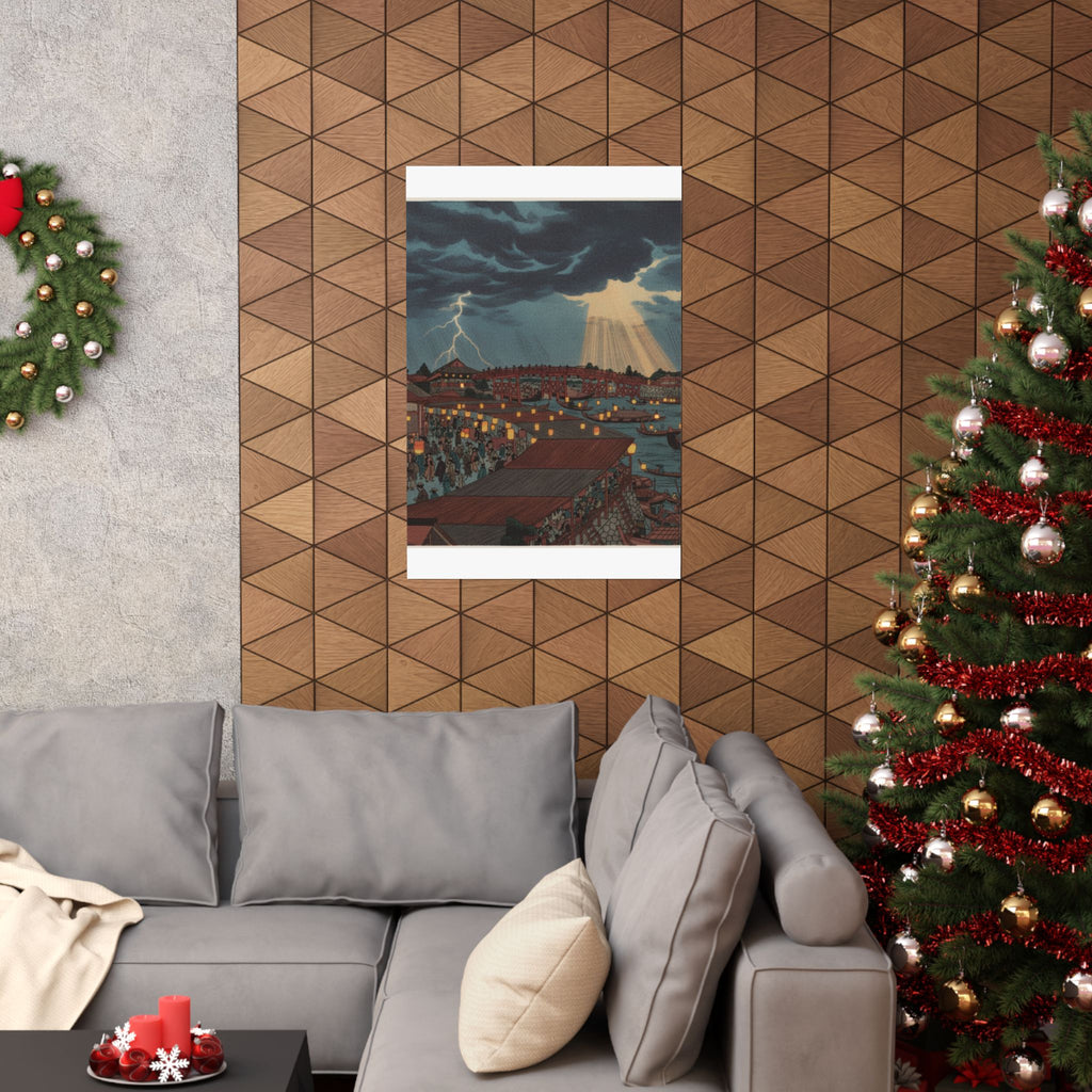 Dramatic Storm — Landscape; Showing Water Festival With Lanterns — Matte Poster