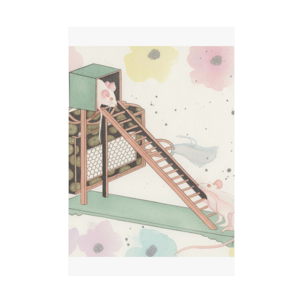 Watercolor — White Mice Playing — Matte Poster