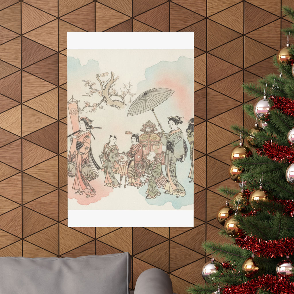 Watercolor — Children Play-Acting A Daimyo Procession — Matte Poster