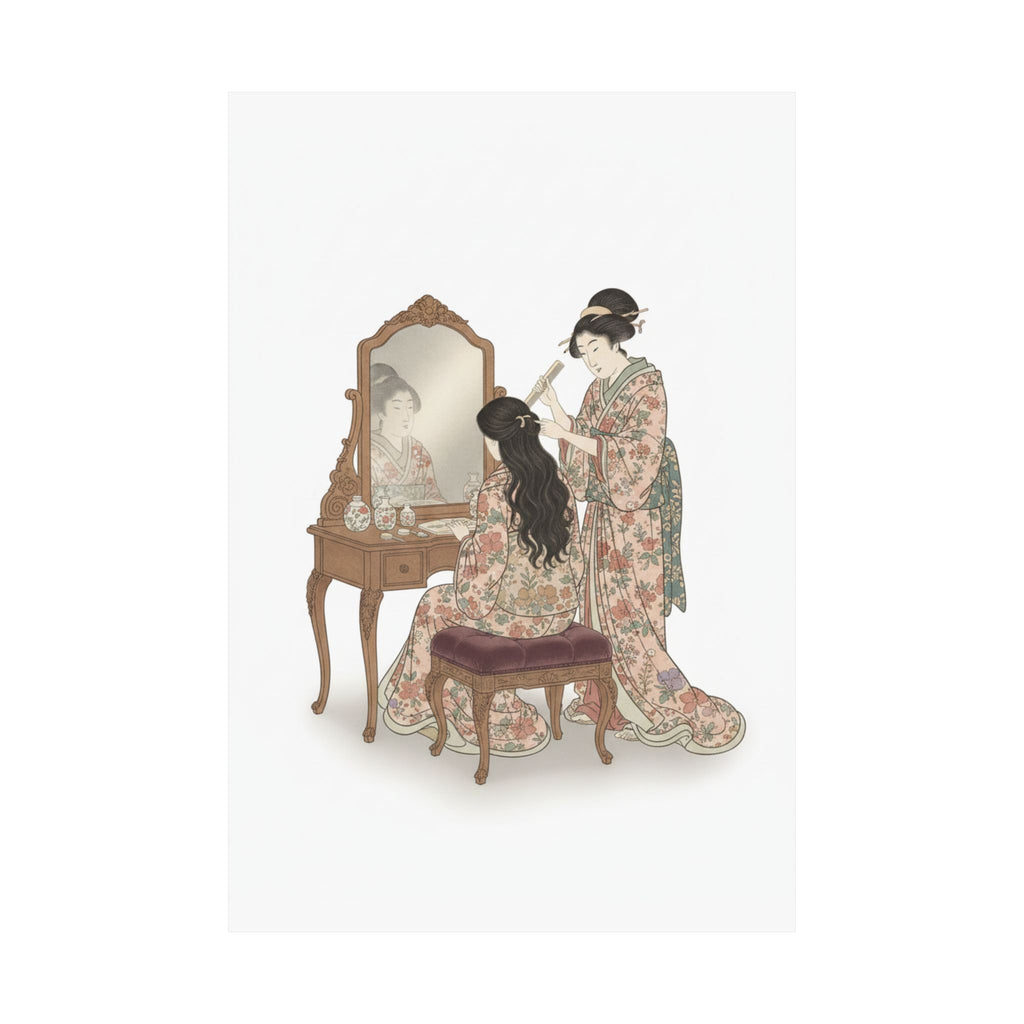 Ecommerce Main — A Woman At Her Toilet Seated Before A Mirror, Having Her Hair Combed By A Kameyu — Matte Poster