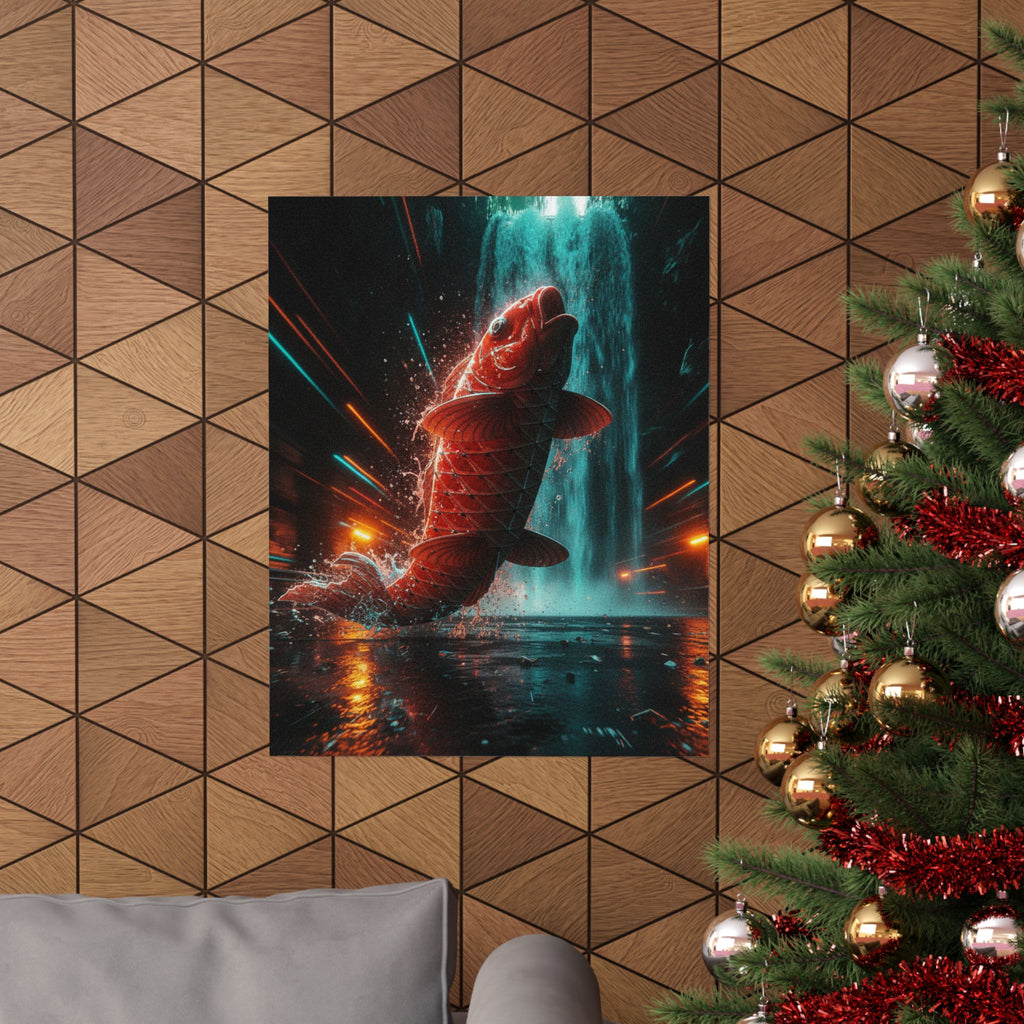 Fast Furious — Red Carp Ascending A Waterfall — Matte Poster